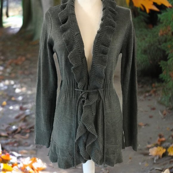 Elle Sweaters - Elle Cardigan Ruffle Sweater Dark Charcoal Gray Waist Tie Size Medium Acrylic